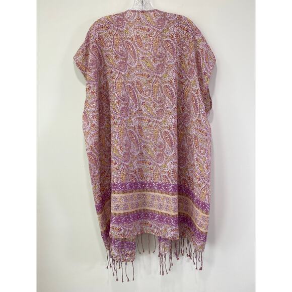 J Crew Lightweight Linen Beach Poncho Sz M/L Pink Paisley Tassel Kimono Cover Up - Picture 8 of 8